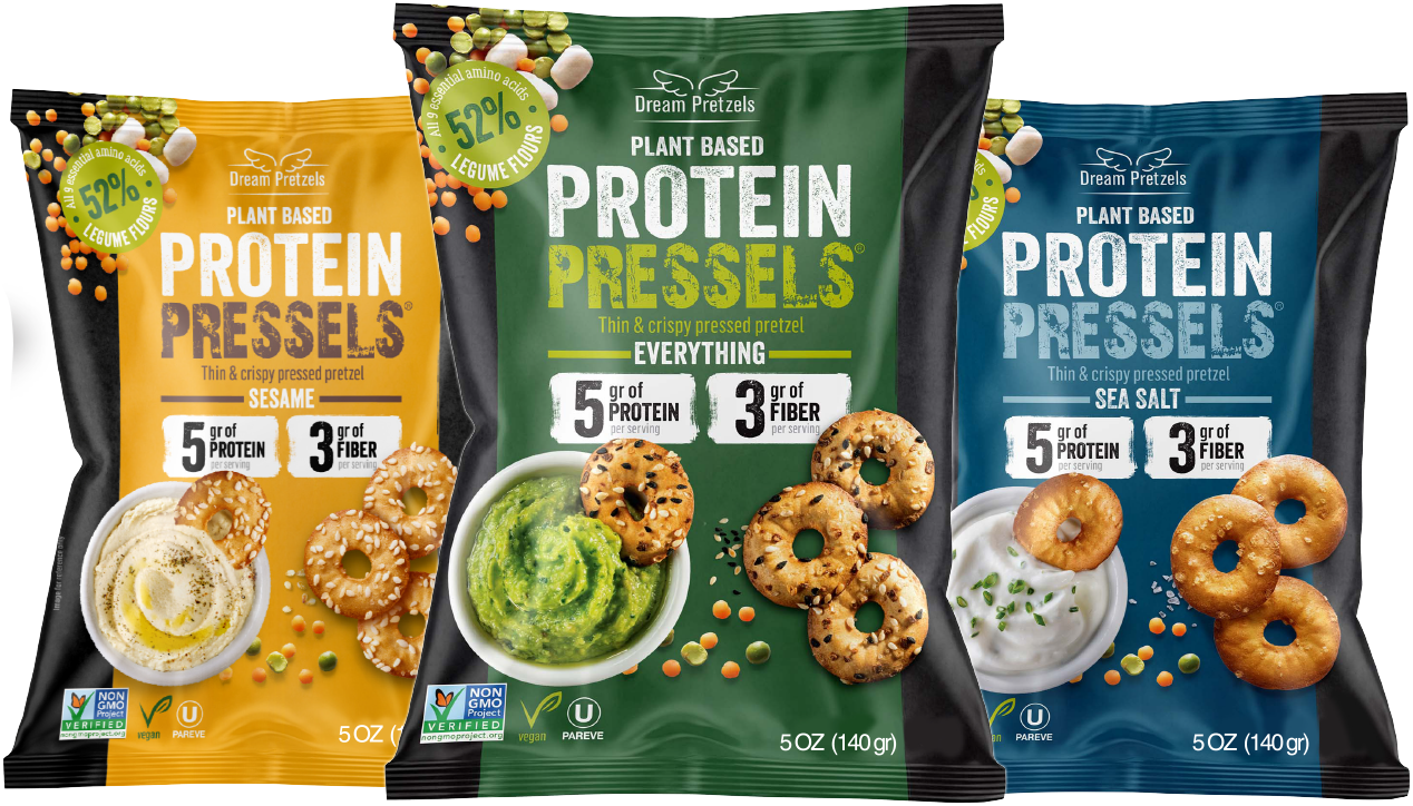 3 packs of protein pressels: everything, sesame, sea salt